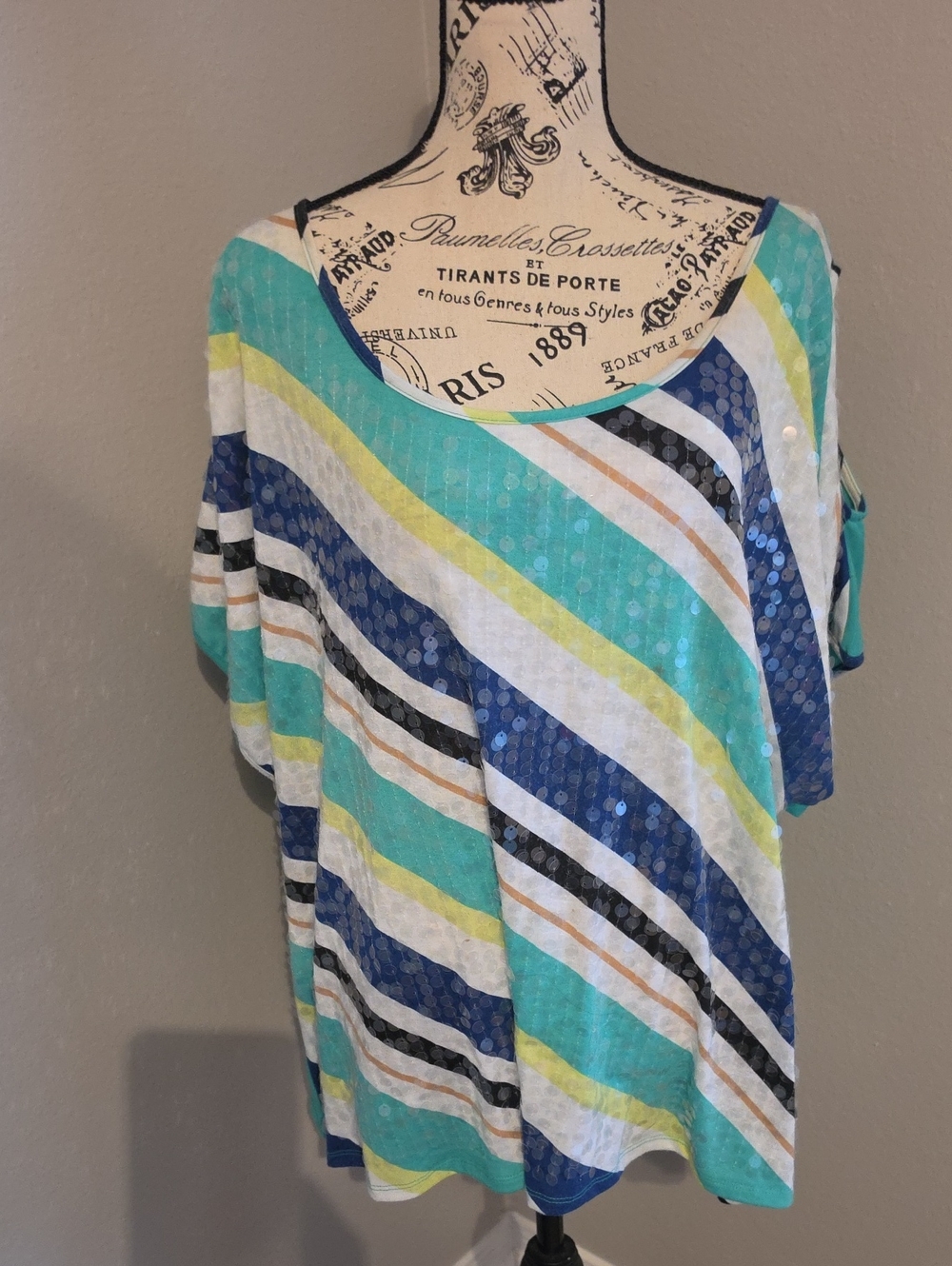 Women's Faded Glory Aqua Multi-Stripe Short Sleeve Sequin Tee Plus Size 4X